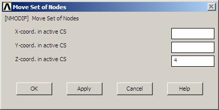 6. Przenoszenie węzłów Preprocessor>Modeling>Move/Modify>Nodes>Set of Nodes wybierz węzły 5, 6, 7 i 8>OK wybierz węzły 9, 10, 11 i 12>OK.