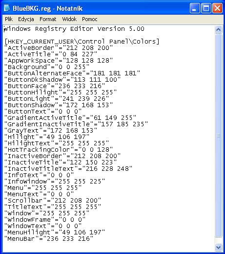 Jaka jest wartość tła. Odpowiedzi mogą się różnić w zależności od koloru niebieskiego wybranego w oknie Właściwości: Ekran. Zamknij BlueBKG.reg - okno Notatnika.