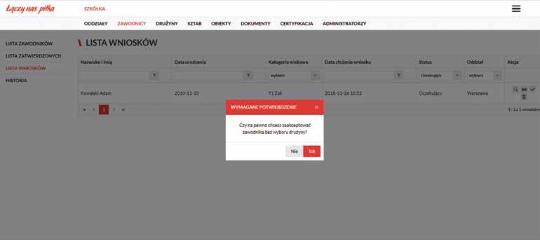 Zakładka: ZAWODNICY / LISTA WNIOSKÓW Widok potwierdzenia przynależności zawodnika do szkółki.
