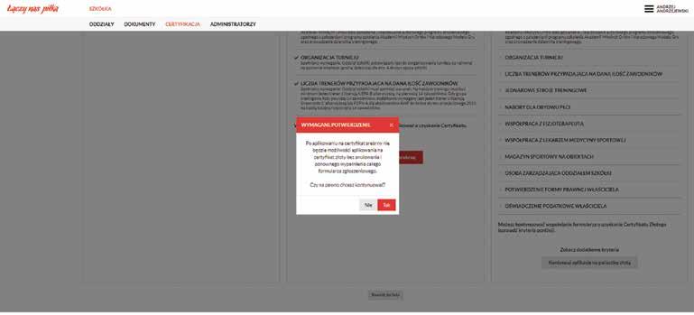 Zakładka: CERTYFIKACJA / NOWY FORMULARZ Po kliknięciu TAK system wyświetli ekran z potwierdzeniem złożenia FORMULARZA