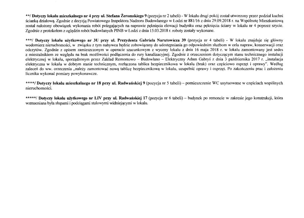 **/ Dotyczy lokalu mieszkalnego nr 4 przy ul. Stefana Zeromskiego 9 (pozycja nr 2 tabeli) - W lokalu drugi pokoj zostal utworzony przez podzial kuchni sciank,! dzialow'!- Zgodnie z decyzj,!