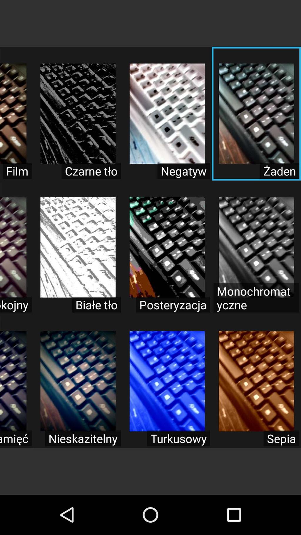 HDR Tryb profesjonalny Obróć Skanowanie kodu QR Panorama Filtry Aplikacja jest surowa. Tryb profesjonalny nie wyświetla dodatkowych ustawień na ekranie w postaci suwaków.