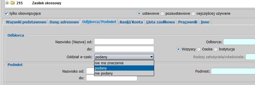 Podczas generowania gotówkowej listy wypłat, wybierając z nowej z listy rozwijanej Oddział e-czek pozycję: podany, będzie można utworzyć listę złożoną wyłącznie z tych odbiorców (osób), które w