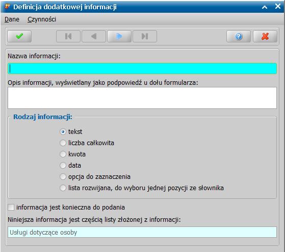 Co najmniej jedna informacja będąca składnikiem informacji złożonej, powinna mieć zaznaczoną opcję informacja jest konieczna do