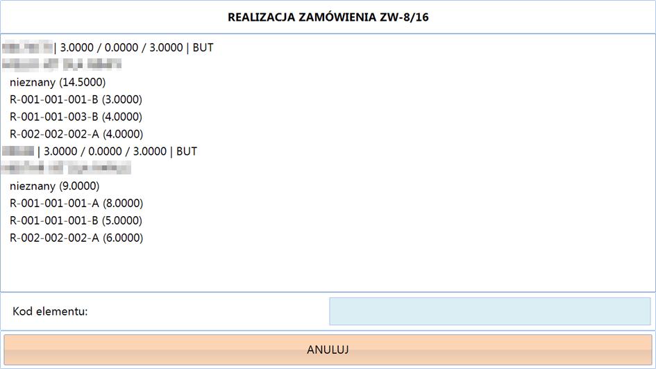 Lista zawiera kod produktu, ilość, która powinna się znaleźć na zamówieniu, ilość, która tam się już znalazła oraz ilość jeszcze do dodania.