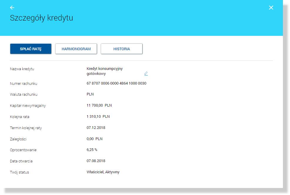 Rozdział 6. Przeglądanie szczegółów kredytu Rozdział 6. Przeglądanie szczegółów kredytu W ramach dostępnych kredytów użytkownik ma możliwość przeglądania szczegółów kredytu.