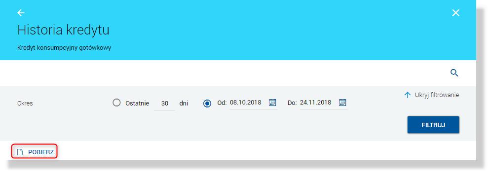Domyślny zakres dat, to data ostatniej operacji pomniejszona o 30 dni oraz data bieżąca. Użytkownik ma możliwość zmiany daty korzystając z podpowiedzi ikony kalendarza.