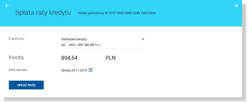 Rozdział 10. Spłata raty kredytu Rozdział 10. Spłata raty kredytu W ramach dostępnych kredytów użytkownik ma możliwość dokonania spłaty zadłużenia kredytu.