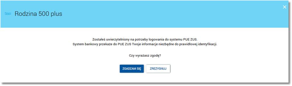 Po wyborze przycisku [ZGADZAM SIĘ] dostępnego na powyższym ekranie zostanie zaprezentowany formularz potwierdzający uwierzytelnienie użytkownika.