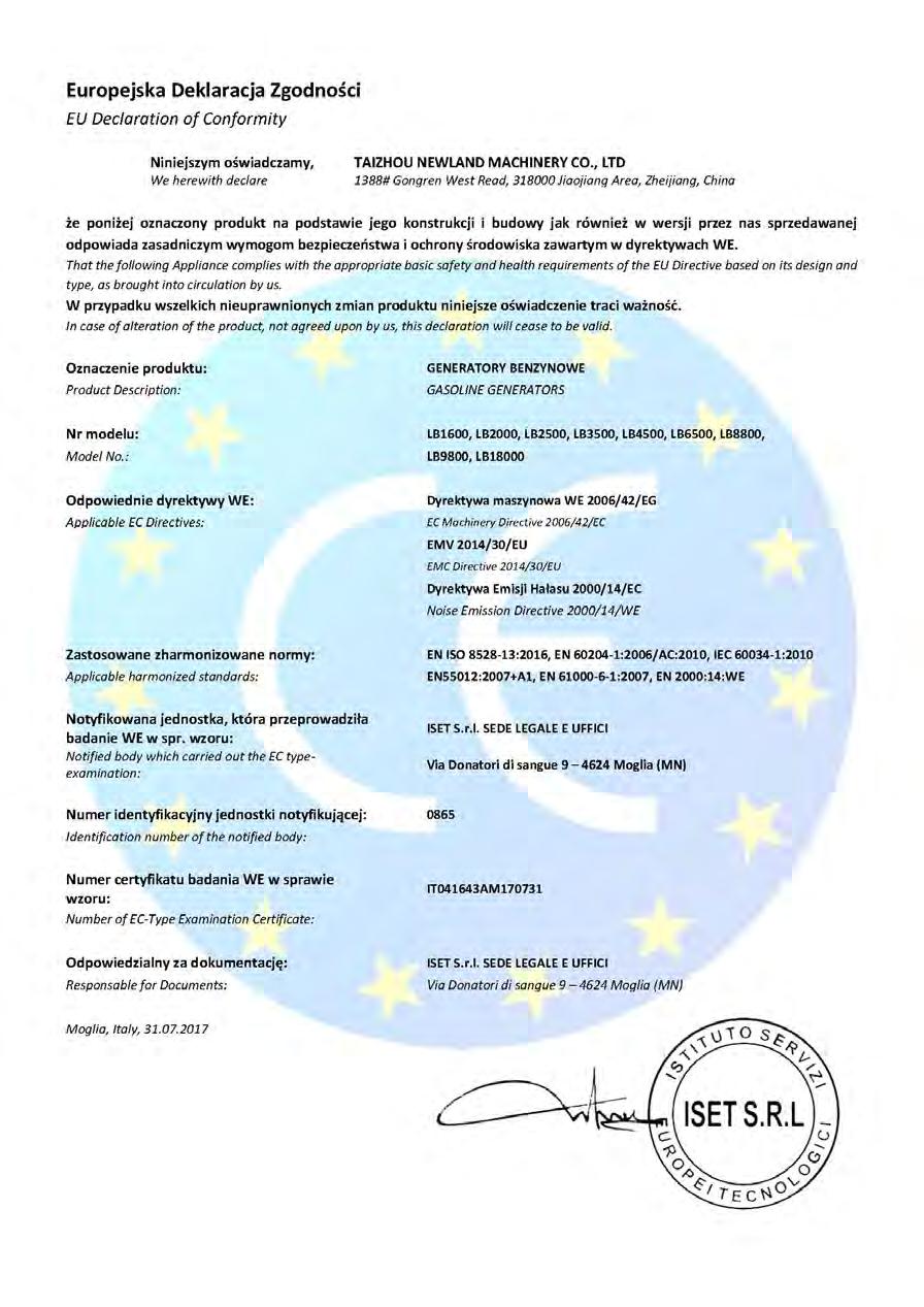 Każdy agregat prądotwórczy Kraftwele jest oznakowany znakiem zgodności CE i dostarczany razem z deklaracją zgodności WE.