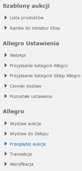 1.2. AUKCJE USTAWIENIA ALLEGRO Ustawienia Allegro Szablony Allegro Tutaj tworzymy i importujemy swoje szablony, przypisujemy do produktów opisy i zdjęcia. Ustawienia najważniejszy punkt integracji.