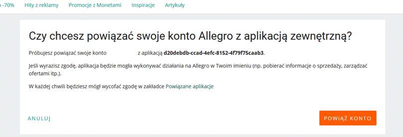 Po wpisaniu nicku z Allegro, hasła oraz klucza API, w Centrali Zabawek,