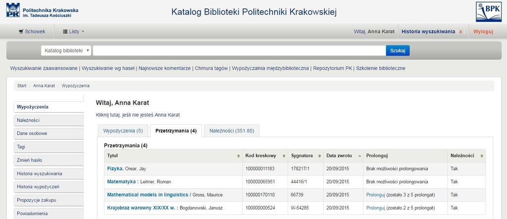 Twoje konto biblioteczne - prolongata W karcie Przetrzymania