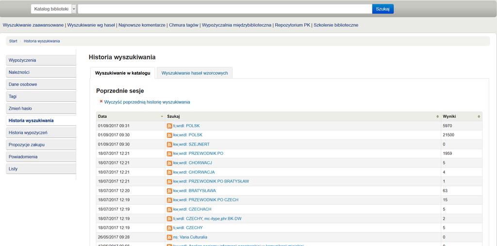Twoje konto biblioteczne historia wyszukiwania Całą swoją historię przeglądania Katalogu BPK znajdziesz w