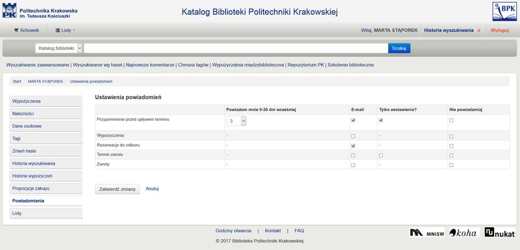Twoje konto biblioteczne - powiadomienia W zakładce Powiadomienia możesz ustawić, jakie wiadomości z Biblioteki PK będą wysyłane do Ciebie drogą