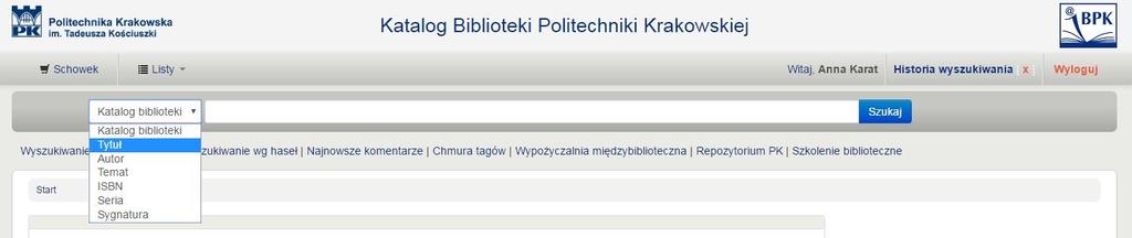 Wyszukiwanie w katalogu BPK Wyszukiwanie proste po wpisaniu poszukiwanego słowa lub frazy w głównym oknie Katalogu BPK otrzymasz listę opisów pozycji bibliograficznych zawierających to słowo, jeśli