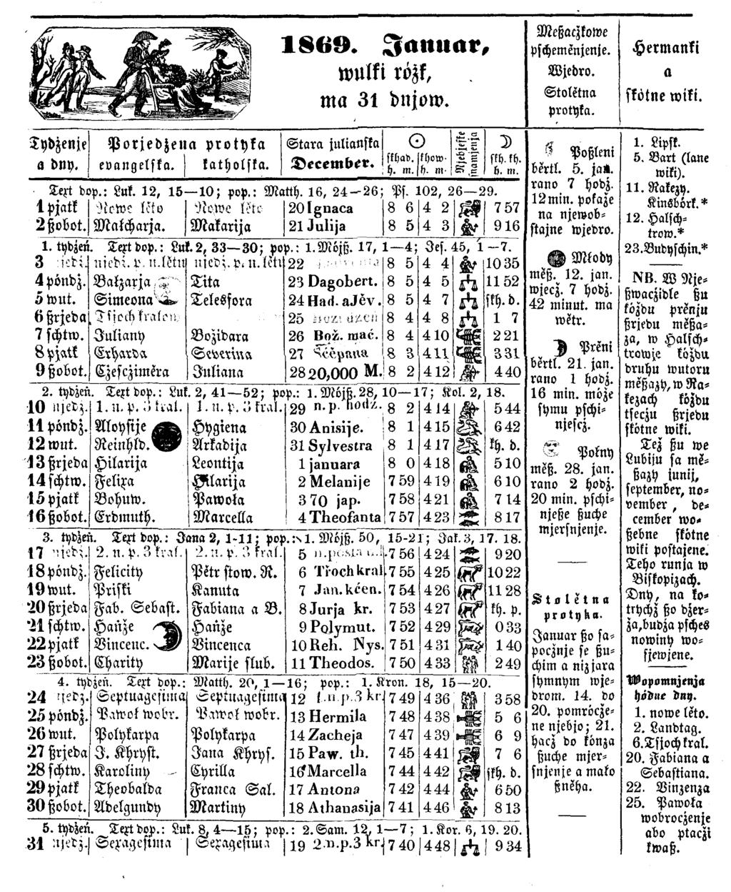 1 8 6 9. Januar, wulki rözk,. ma 31 dnjow. Tydzenje P o rjed zen a protyka S ta r «julianska O t D a dvy. e v a n g e ls k a. k a th o ls k a. December. skhad. sih.kh. h. m. ft. m H 6. m. Text dop.