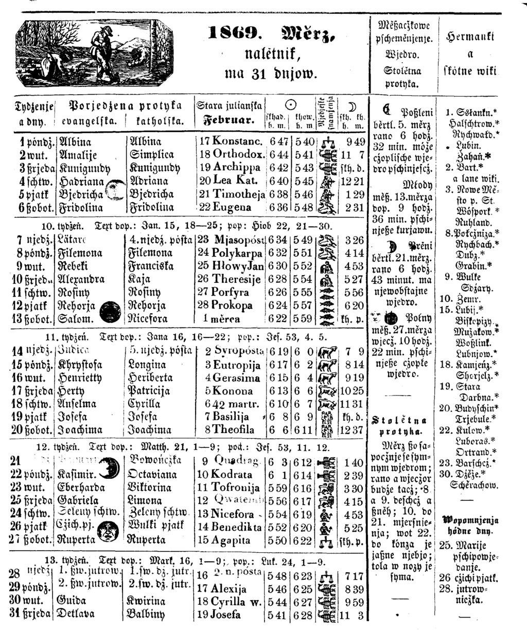 1869. M erz, naletnik, ma 31 dnjow. Meßaczkowe pschemenjenje. Wjedro. Stoletna protyka. Hermanki a skötne reift Tydjenjkj Porjevzena protyka a dny. i evangelska. katholska. 1 pöndz. Albina 2 wut.