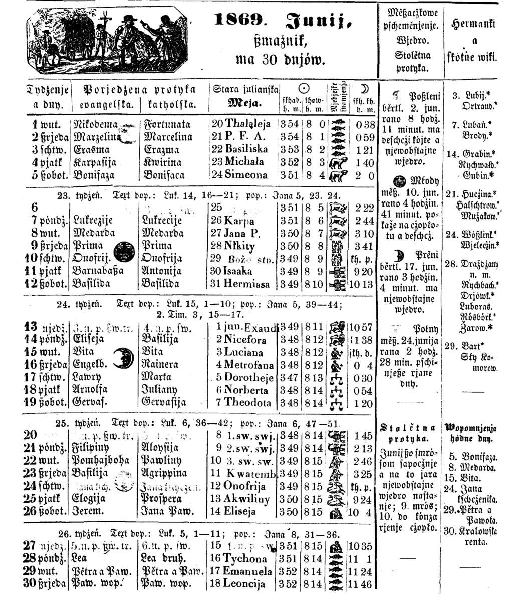 TydZenje i P o rje d Z e n a p ro ty k a a bitt). I evangelska. j katholska. 1 8 6 9 J u n i j. M eßaczkowe pschemcnjenje. H e rm a u k i ßmaznik, W jedro. a nisl 30 dnjöw. j Stara julianskc 1 M e ja.
