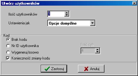 ACCO SATEL 37 2. Kliknąć wskaźnikiem myszki na przycisk oznaczony DODAJ UŻYTKOWNIKA. Otworzy się okno UTWÓRZ UŻYTKOWNIKÓW (patrz: rys. 25). Rys. 25. Okno dodawania nowych użytkowników. 3. Wybrać liczbę użytkowników, których chcemy utworzyć.