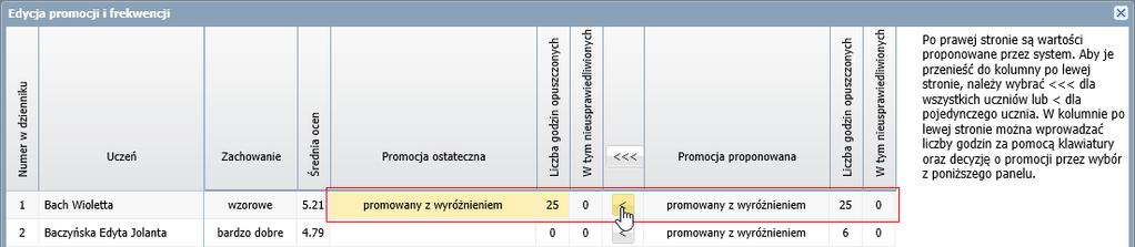 Wypełnij kolumnę Promocja ostateczna oraz znajdujące się za tą kolumną kolumny Liczba godzin opuszczonych i W tym nieusprawiedliwionych.