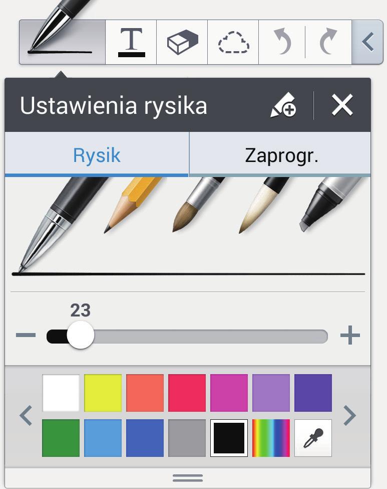 Narzędzia Aby usunąć ramkę, dotknij ramki i ją przytrzymaj, a następnie dotknij Usuń. Podczas pisania notatki dotknij, aby zmienić typ pisaka, grubość linii lub kolor.