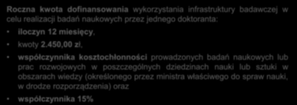 Środki finansowe są przeznaczone na: 1. dofinansowanie kosztów wykorzystania infrastruktury badawczej w celu realizacji badań naukowych prowadzonych przez doktoranta; 2.