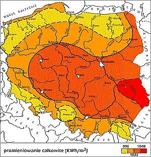 Program Ochrony Środowiska dla Gminy Miasta Chełmża na lata 2016 2019 z perspektywą na lata 2020-2023 Rysunek 4. Warunki nasłonecznienia Polski. Źródło: Polska Agencja Zarządzania Energią.