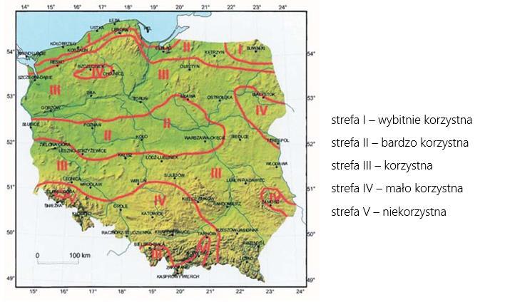 Program Ochrony Środowiska dla Gminy Miasta Chełmża na lata 2016 2019 z perspektywą na lata 2020-2023 Rysunek 5. Strefy energetyczne wiatru w Polsce. Źródło: Baza Danych Odnawialnych Źródeł Energii.