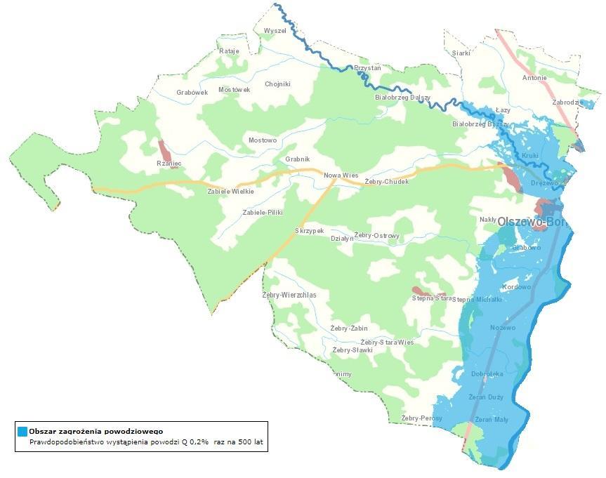 Poniżej przedstawiono w formie graficznej zasięg stref zalewowych w obrębie gminy Olszewo-Borki, przy prawdopodobieństwie wystąpienia powodzi