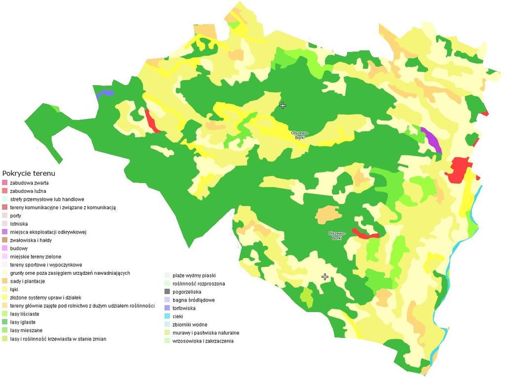 Poniżej przedstawiono w formie graficznej strukturę użytkowania gruntów na terenie gminy Olszewo-Borki. Rysunek 22. Struktura użytkowania gruntów na terenie gminy Olszewo-Borki. Źródło: http://msip.