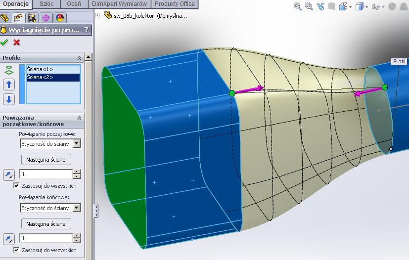 Wykonanie części łącznika Łącznik pomiędzy rurą i kostką wykonamy jako Wyciągnięcie po profilach, gdzie w oknie Właściwości, w paneli Profile wskazujemy ściany (rury i kostki), a w rozwiniętym panelu