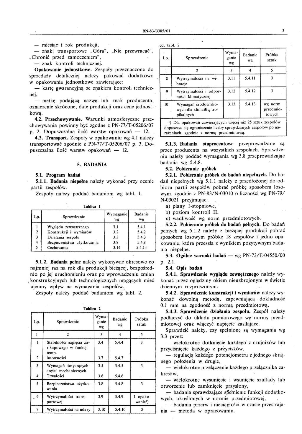 BN-83/3385/0 1 3 miesiąc i rok produkcji cd. tab!. 2 znaki transportowe "Góra" "Nie przewracać" "Chronić przed zamoczeniem"" - znak kontroli technicznej. Opakowanie jednostkowe.