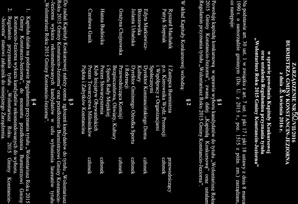 ZARZĄDZENIE NR VII/2016 BURMISTRZA GMINY KONSTANCIN-JEZIORNA z dnia kwietnia 2016 r.