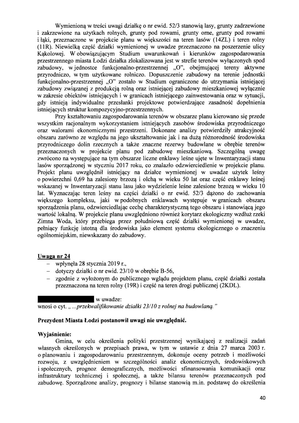 Wymienion,! w tresci uwagi dzialk~ 0 nr ewid. 52/3 stanowi'!