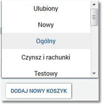 W tym celu należy wybrać ikonkę dostępną przy polu Do koszyka i wskazać dedykowany koszyk z dostępnej listy zdefiniowanych przez użytkownika koszyków zleceń.