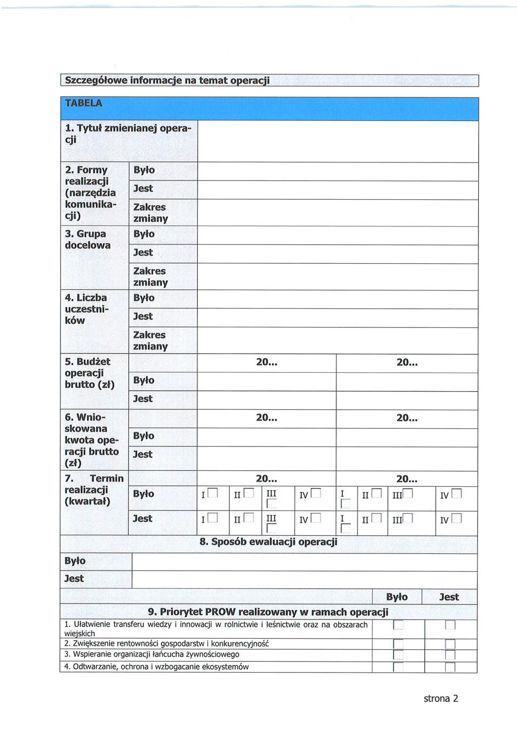 Szczegółowe informacje na temat operacji TABELA 1. Tytuł zmienianej operacji 2. Formy realizacji (narzędzia komunikacji) 3. Grupa docelowa 4. Liczba uczestników 5.