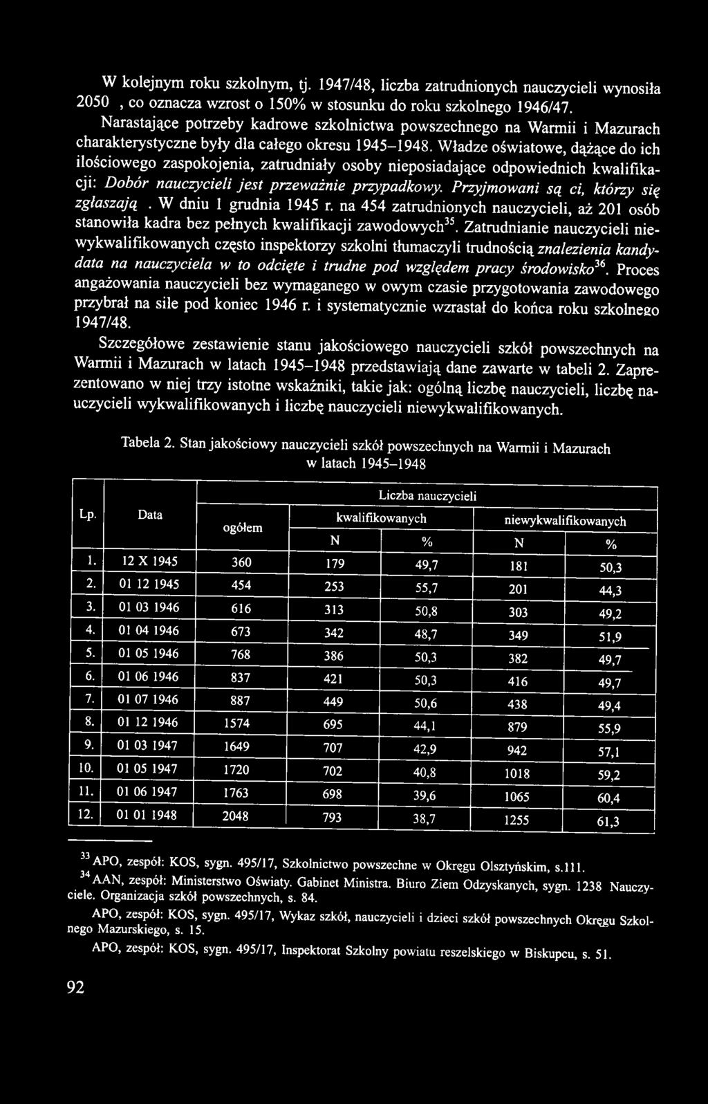Władze oświatowe, dążące do ich ilościowego zaspokojenia, zatrudniały osoby nieposiadające odpowiednich kwalifikacji: Dobór nauczycieli jest przeważnie przypadkowy.