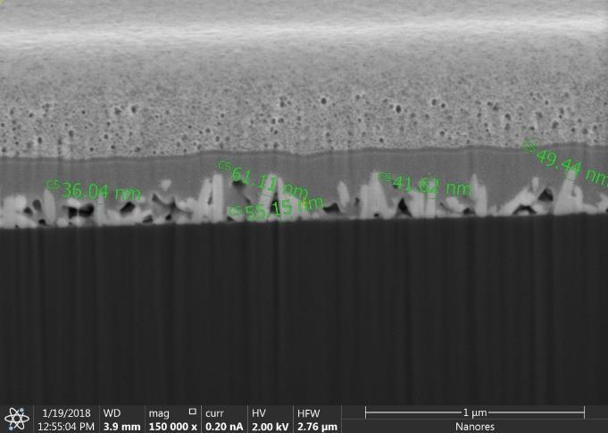 1 Obraz SEM warstwy domieszkowanych nanopręcików na podłożu krzemowym (A) widok główny; (B) przekrój wykonany dzięki technologii Ga-FIB Rys.