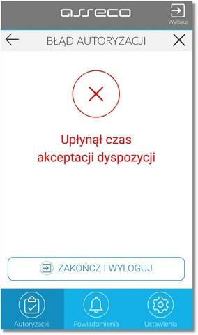 W systemie bankowości internetowej na ekranie dyspozycji prezentowany jest komunikat informujący o przekroczeniu czasu oczekiwania na autoryzację.