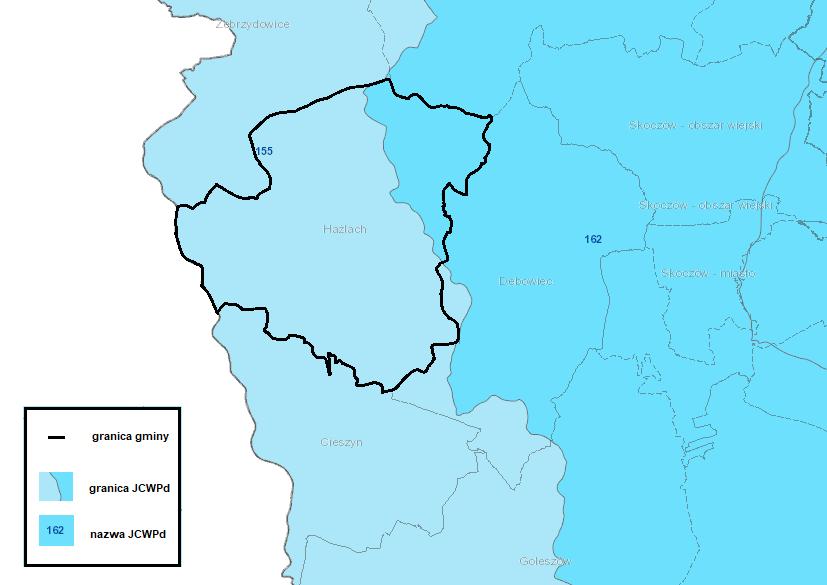 Rysunek 14. Gmina Hażlach na tle JCWPd. Źródło: www.epsh.pgi.gov.pl. Informacje na ich temat znajdują się w poniższych tabelach. Tabela 14. Charakterystyka JCWPd nr 155.