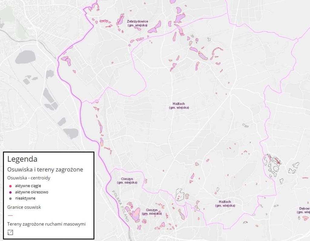 Położenie osuwisk na terenie Gminy Hażlach przedstawiono poniżej. Rysunek 17. Osuwiska na terenie Gminy Hażlach. Źródło: www.geolog.pgi.gov.pl 5.7.3.