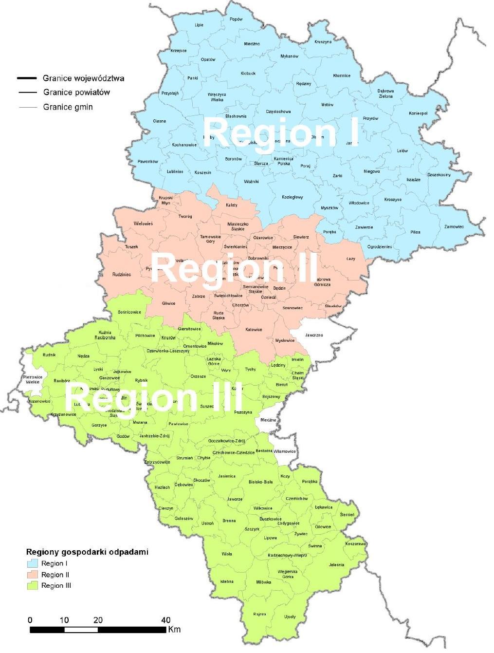 Rysunek 19. Podział województwa śląskiego na regiony gospodarki odpadami komunalnymi wg WPGO 2016-2022.