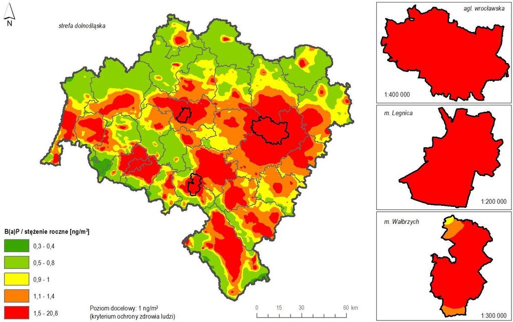 Rysunek 5. Rozkład stężeń średniorocznych pyłu zawieszonego PM10 na terenie województwa dolnośląskiego na podstawie wyników modelowania jakości powietrza za 2016 rok.