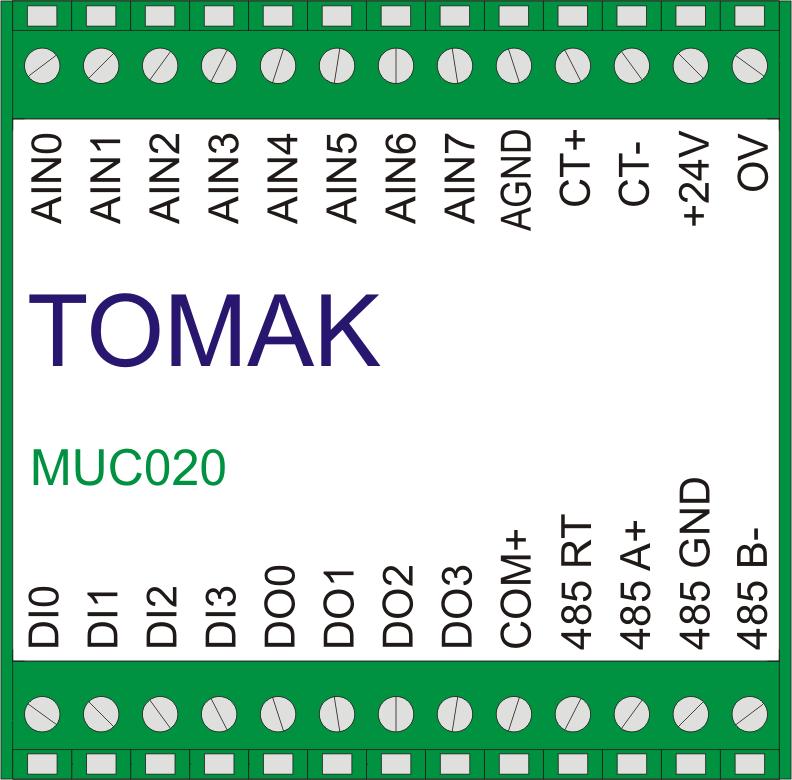 Moduł MUC020 8 wejść analogowych 4-20 ma 4 wejścia binarne 24V DC 4 wyjścia binarne 24V DC 1 wejście licznikowe 24V DC Interfejs komunikacyjny: RS-485 Kontrolki LED stanu wejść i wyjść na płycie