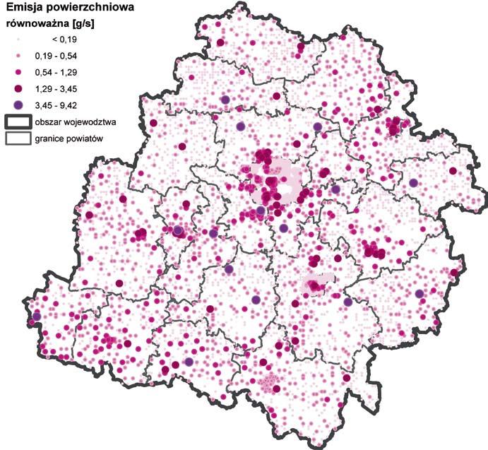 Emisja powierzchniowa równoważna [g/s] < 0,19 0,19 0,54 0,54 1,29 1,29 3,45 3,45 9,42 obszar