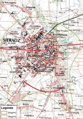 Rozkład średniorocznych stężeń NO 2 na terenie Skierniewic w 2008 r.