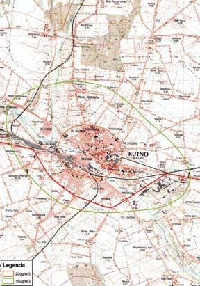 Rozkład średniorocznych stężeń NO 2 na terenie Sieradza w 2008 r.