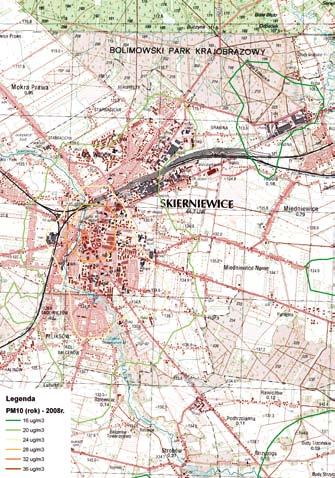 Wartości stężenia średniego rocznego, liczby przekroczeń dobowej wartości dopuszczalnej oraz kompletności serii pomiarowych w 2008 r. przedstawia tabela III.14. Legenda PM10 (rok) 2008 r.
