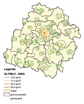 Legenda Sa PM2,5 2004 r. 12,5 µg/m 3 17,5 µg/m 3 25,0 µg/m 3 30,0 µg/m 3 miasta granice powiatów granice gmin Mapa III.21. Rozkład poziomów imisji pyłu PM2,5 w województwie łódzkim w 2004 r.